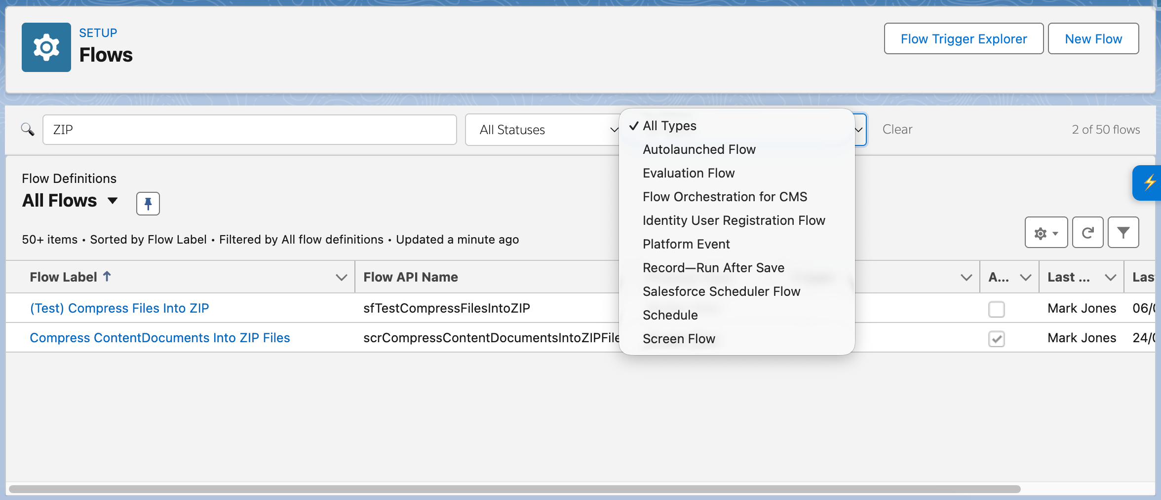 Flow List Search Flow Type Filter