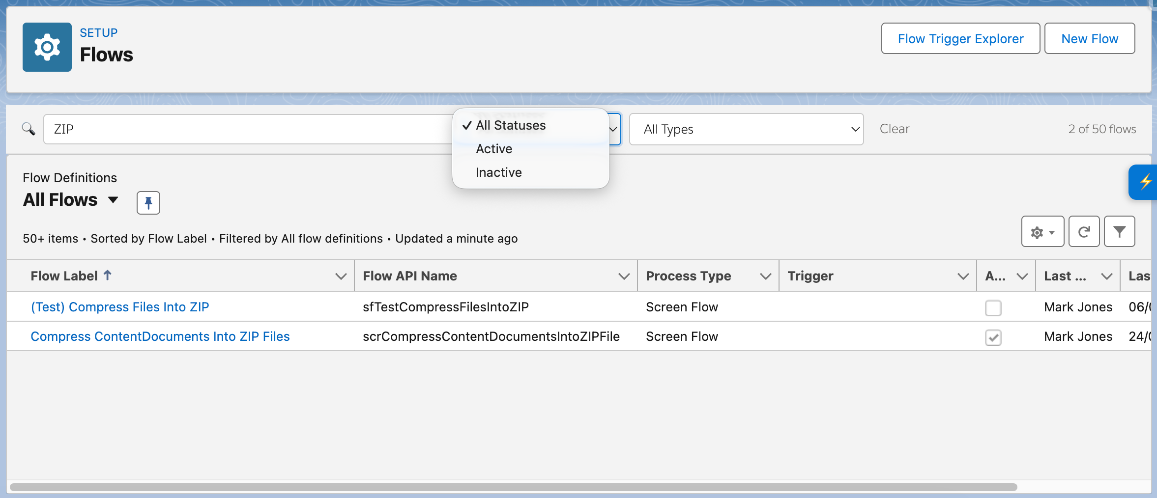 Flow List Search Status Filter