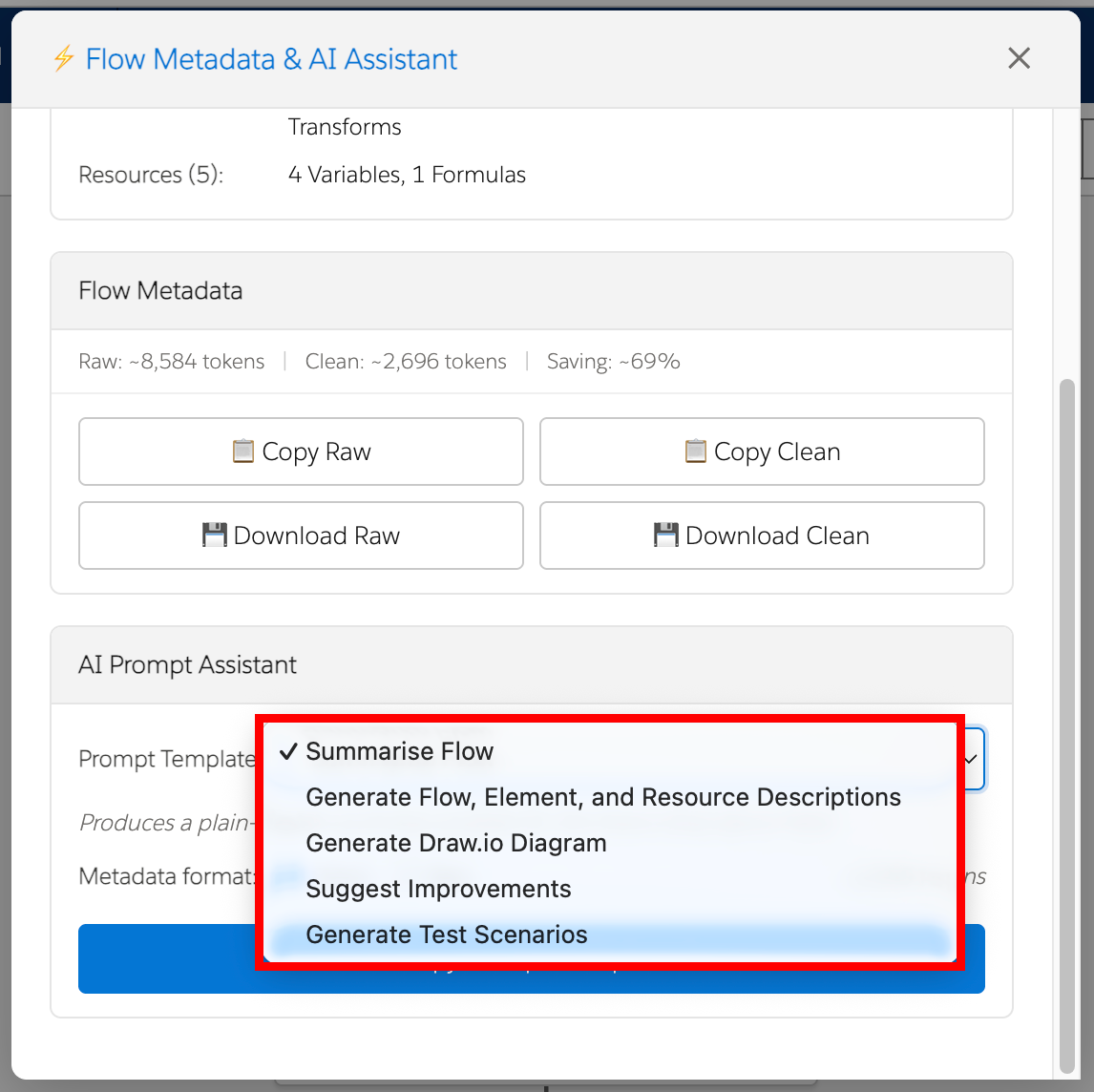 Flow Metadata & AI Assistant Prompt Template Section Options