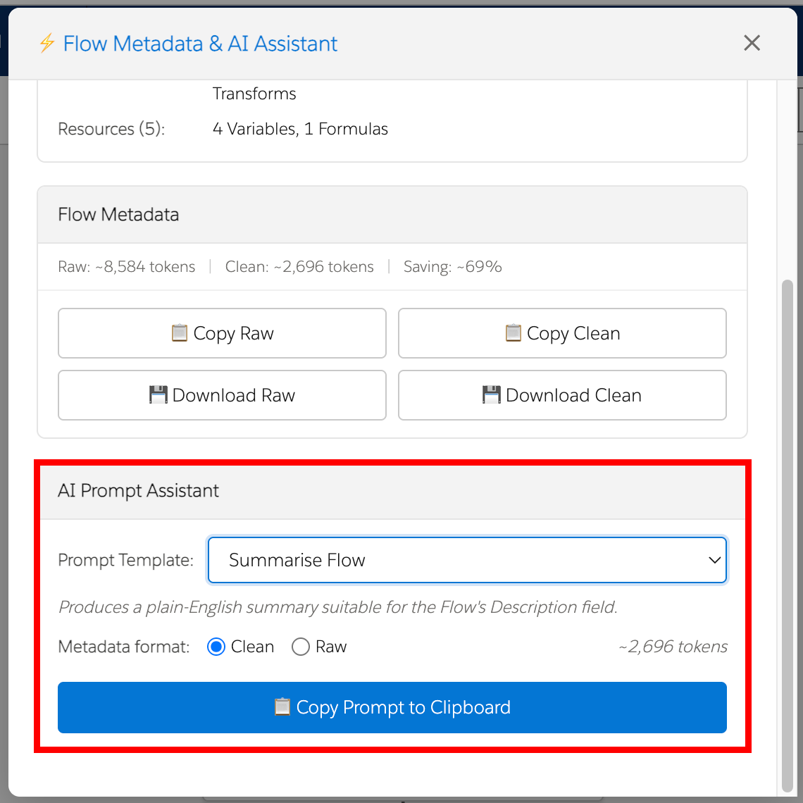 Flow Metadata & AI Assistant Prompt Template Section