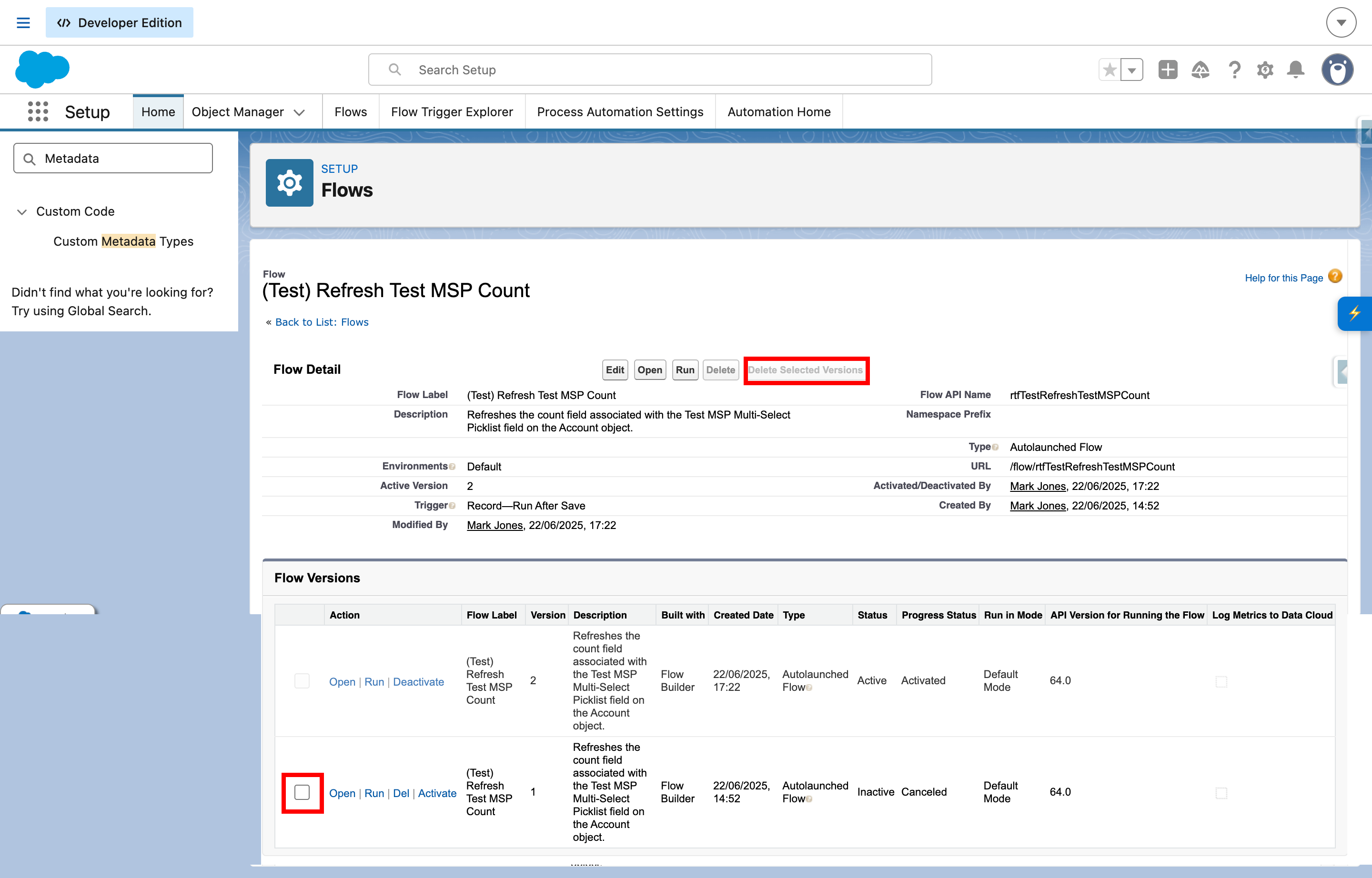 Flow Version Manager Disabled Row and Button