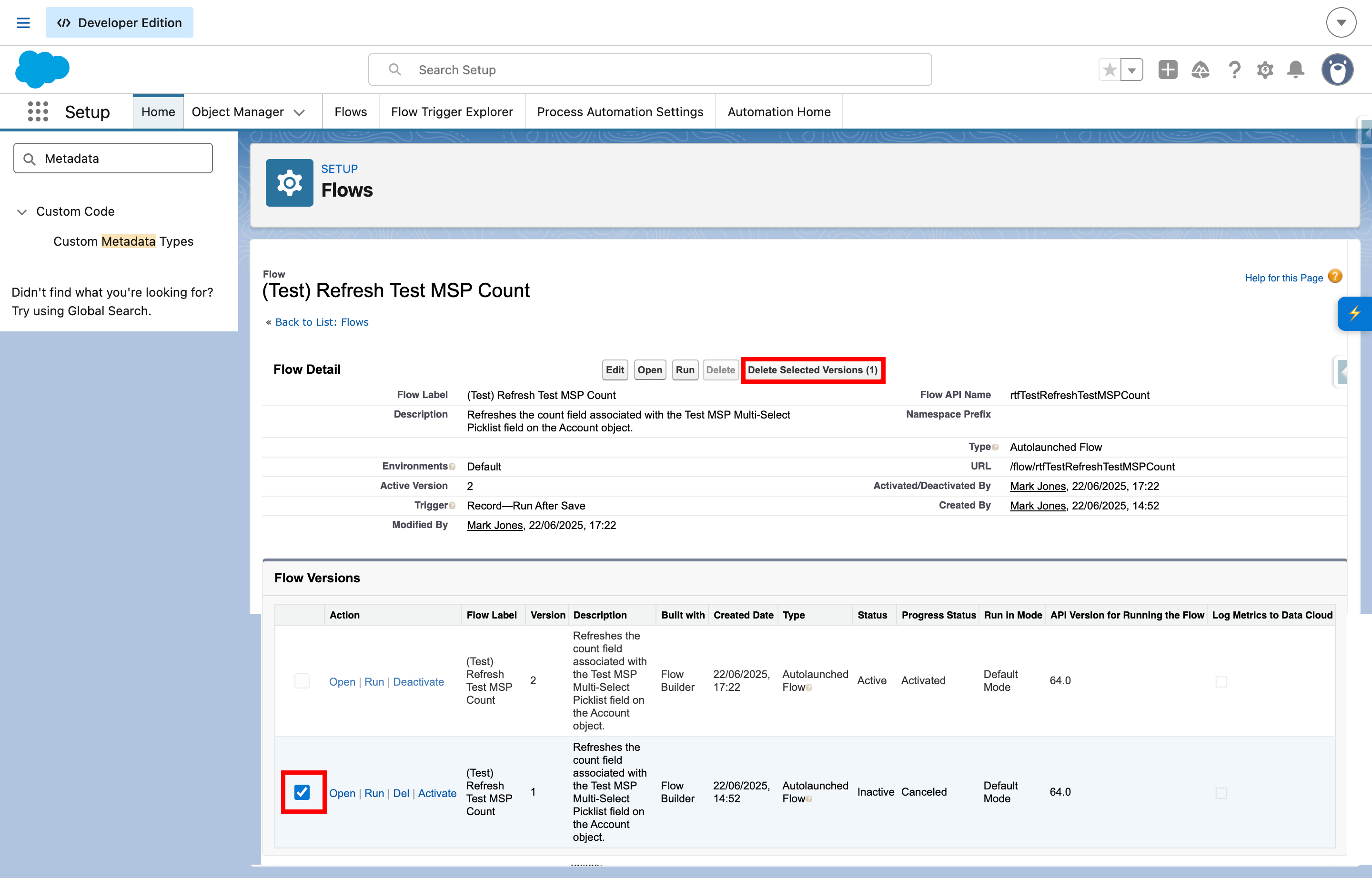 Flow Version Manager Selectable Row and Button